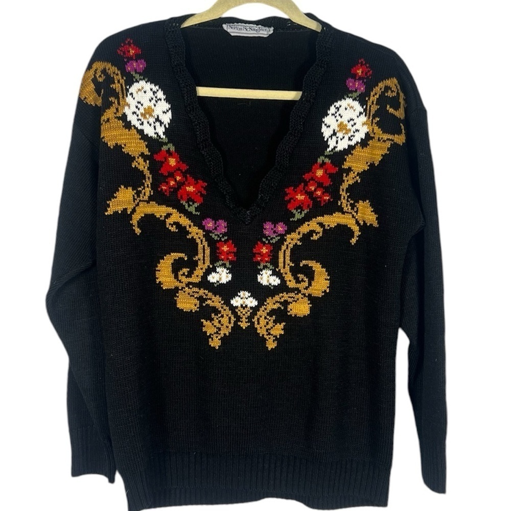 Vintage Norton McNaughton Floral V-Neck Sweater Large - Picture 2 of 6